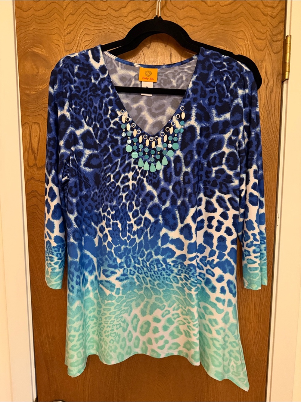 Ruby Rd. Blue Teal Ombre Leopard-Print V-Neck Tunic with Beaded Accent